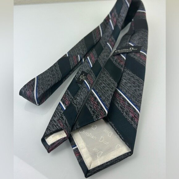 Christian Dior Monsieur VTG Diagonal Striped Gray Blue Red Tie - Picture 12 of 14